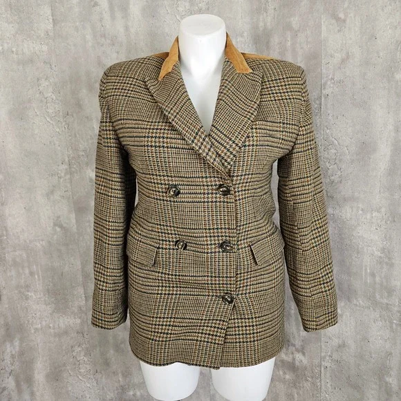 Vintage 80s 90s The Limited Plaid Wool Blend Blazer M Suede Collar‎ Equestrian - Picture 2 of 11
